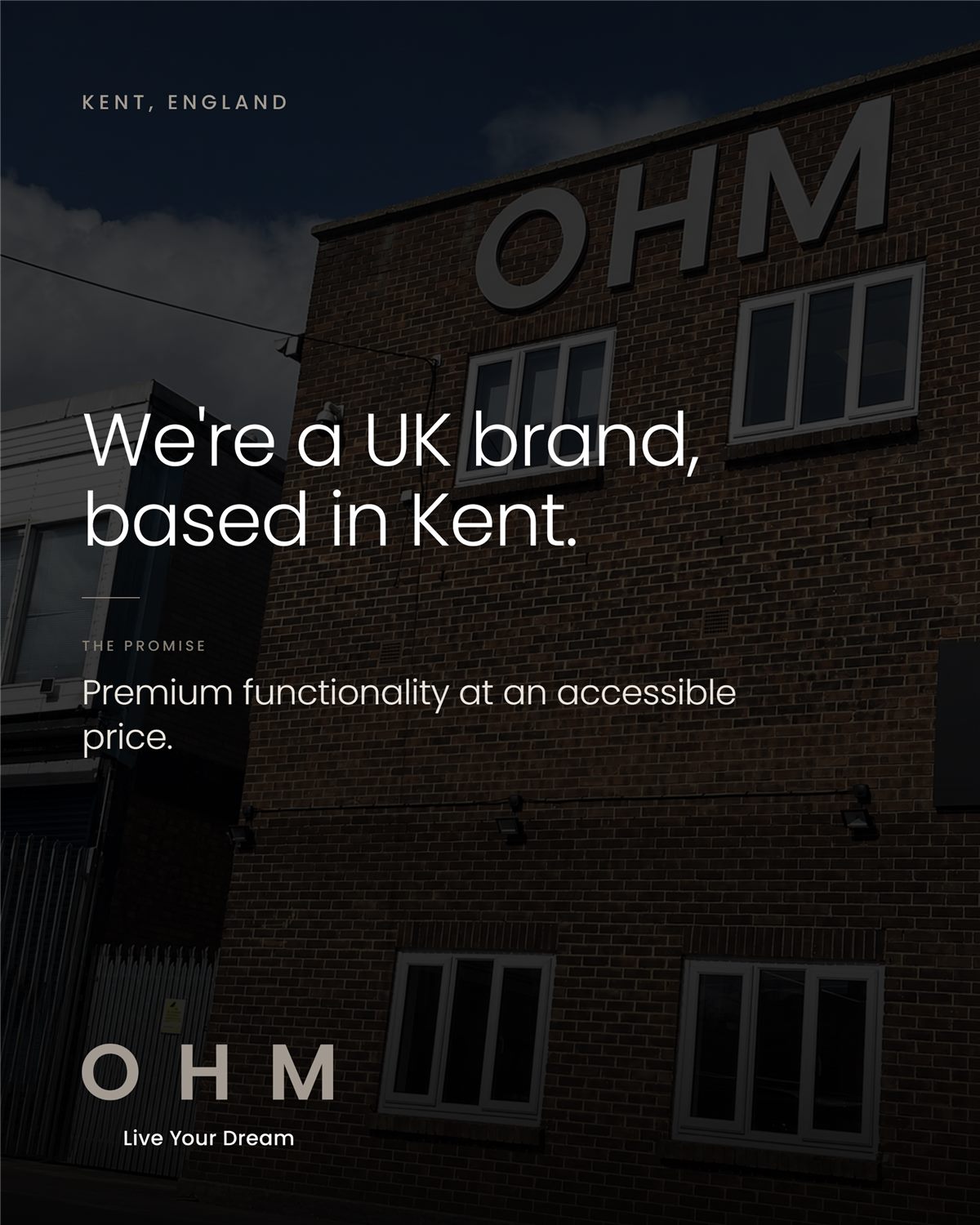 The OHM building in Kent, England, with the OHM name in large letters on the brick wall